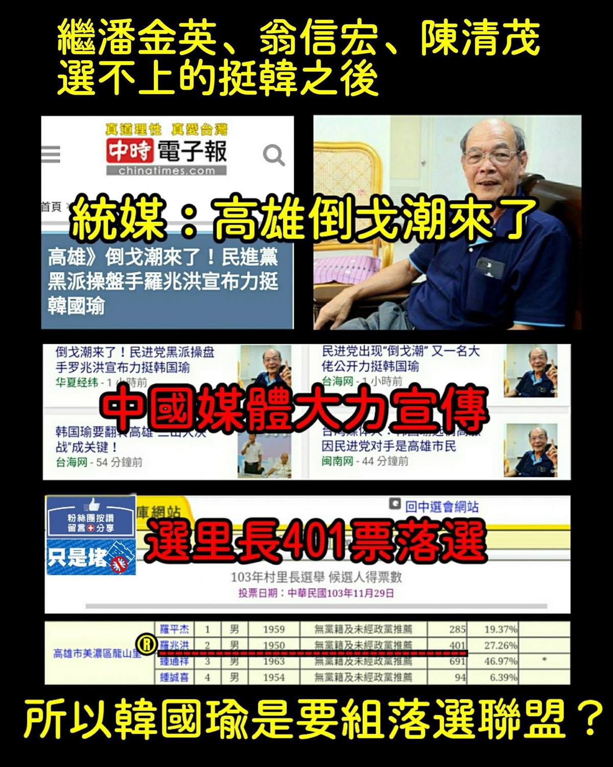 臉書親綠粉絲團「只是堵藍」，製圖嘲諷韓國瑜陣營策反綠營成果。 圖/截自《只是堵藍》粉絲團