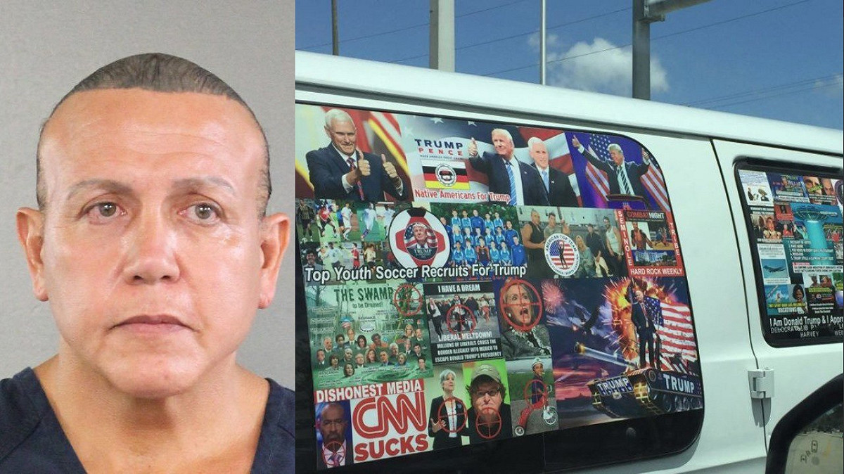 FBI幹員在佛州逮捕炸彈郵包嫌犯，並拖走一輛白色廂型車，車上貼有支持川普海報、「CNN真爛」標語口號，及民主黨人士臉上塗有十字瞄準線的圖片。 圖/翻攝自Breaking911推特