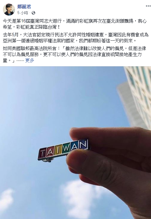 文化部長鄭麗君表示支持同性婚姻，她指出滿滿的彩虹旗再次在台北街頭飄揚，衷心希望，彩虹能真正降臨台灣。 圖：翻攝自鄭麗君臉書