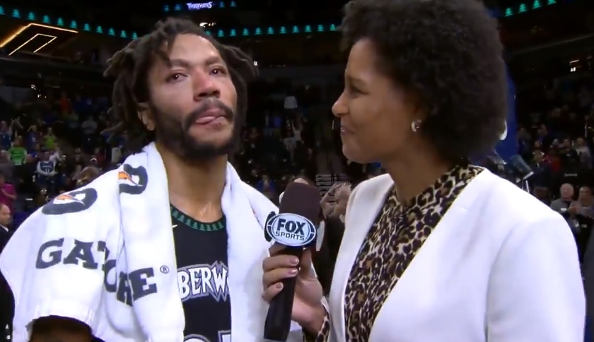 NBA史上最年輕MVP得主Derrick Rose，歷經多年傷病低潮後，於今(1)晚爆發，攻下生涯新高50分帶領灰狼隊擊敗爵士隊，賽後忍不住激動落淚。 圖：翻攝自NBA推特