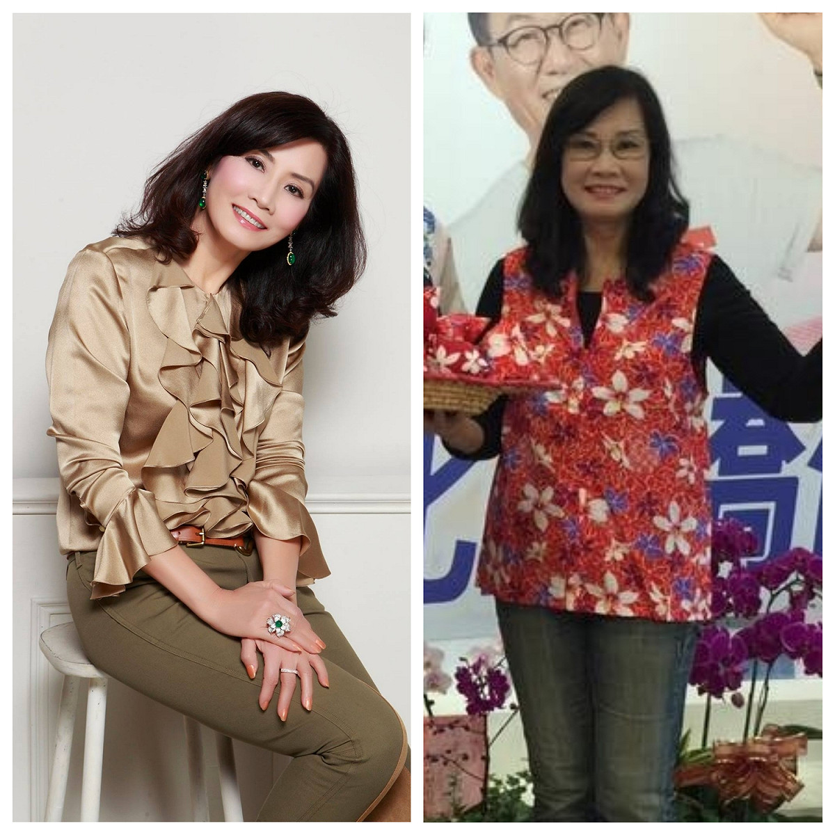 台北市議員秦慧珠，左為競選照，右為本人，你認得出來嗎? 圖:秦慧珠臉書。