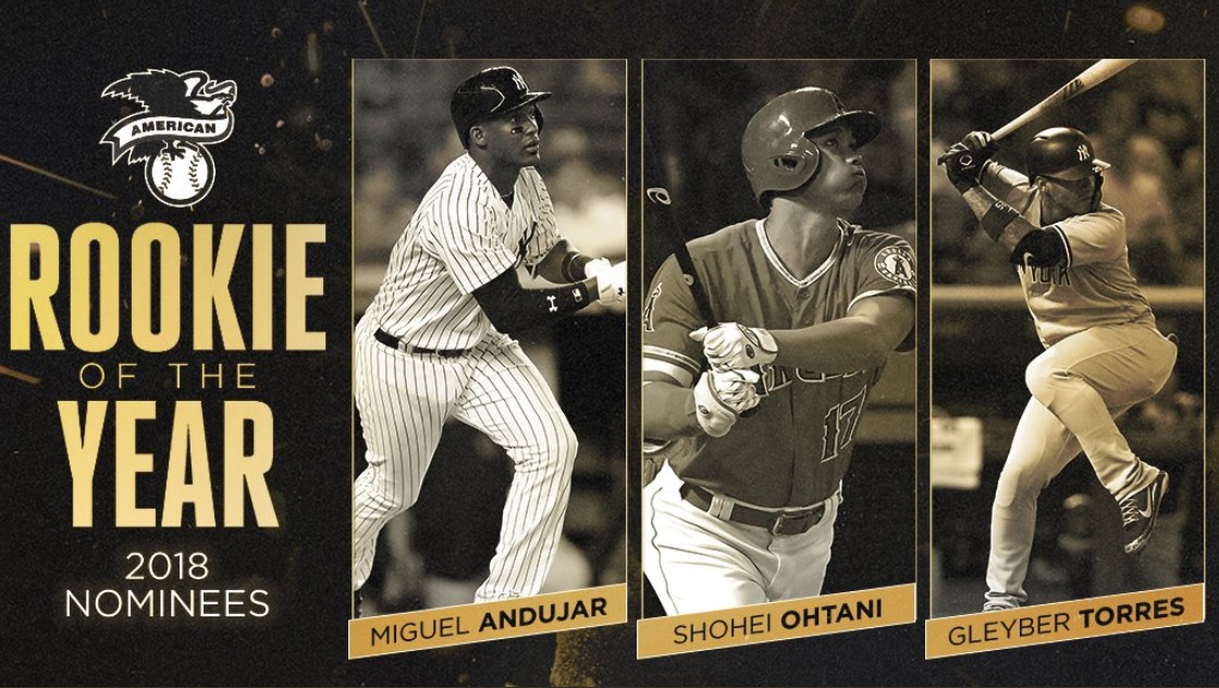 日本「二刀流」好手大谷翔平，與洋基隊內野雙雄Miguel Andujar、Gleyber Torres一同進入美聯新人王的最後決選。 圖：翻攝自MLB推特