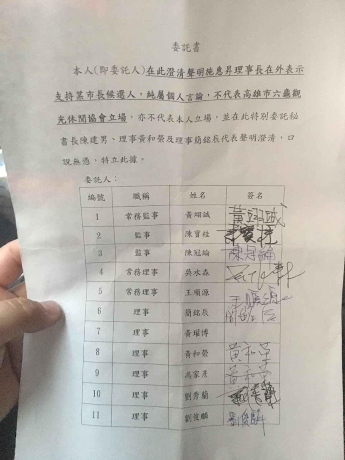 該協會8名理事、3名監事都表態支持陳其邁，除1名理事臨時找不到人，其餘10人都在聲明書上具名簽結。 圖：六龜觀光發展協會/提供
