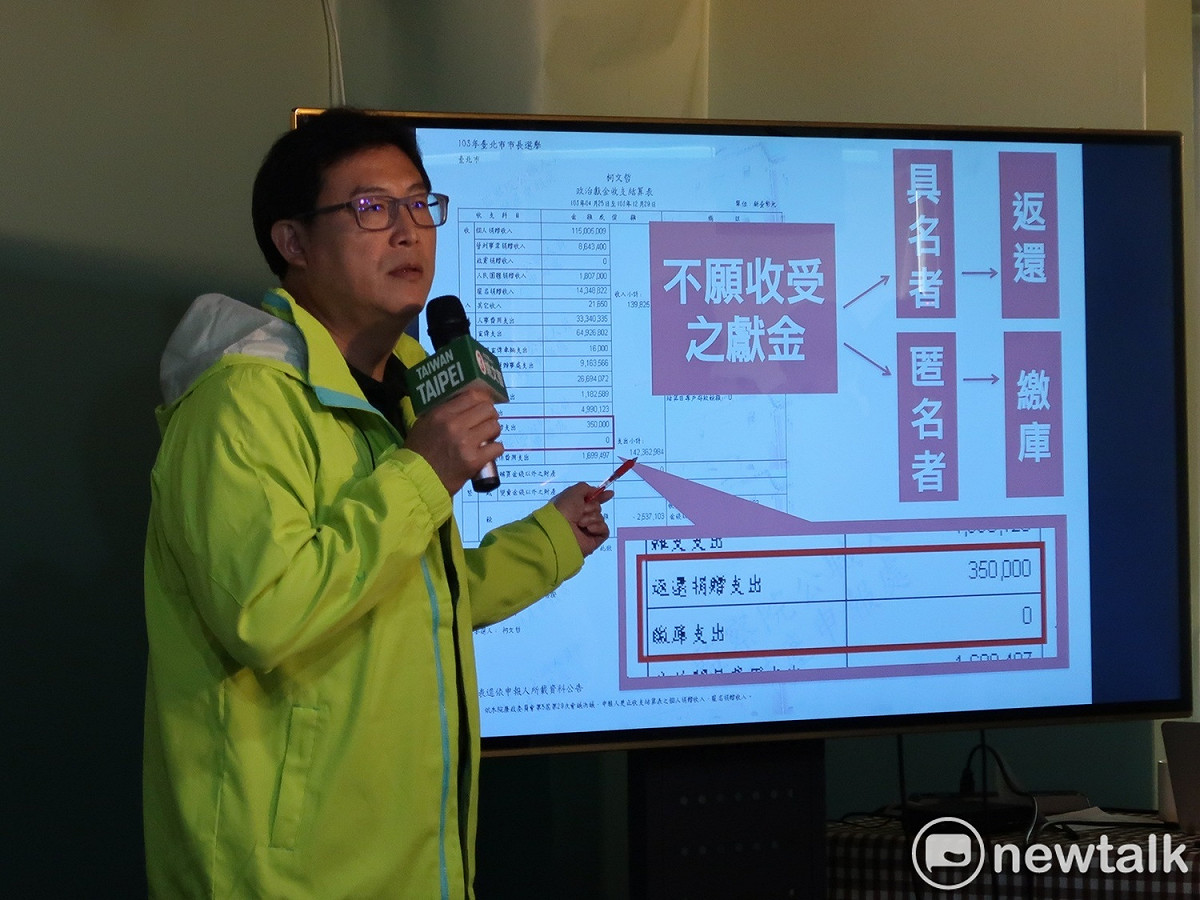 民進黨台北市長候選人8日指控柯文哲2014年宣布關閉政治獻金帳目後還繼續接受捐款。 圖：林朝億/攝