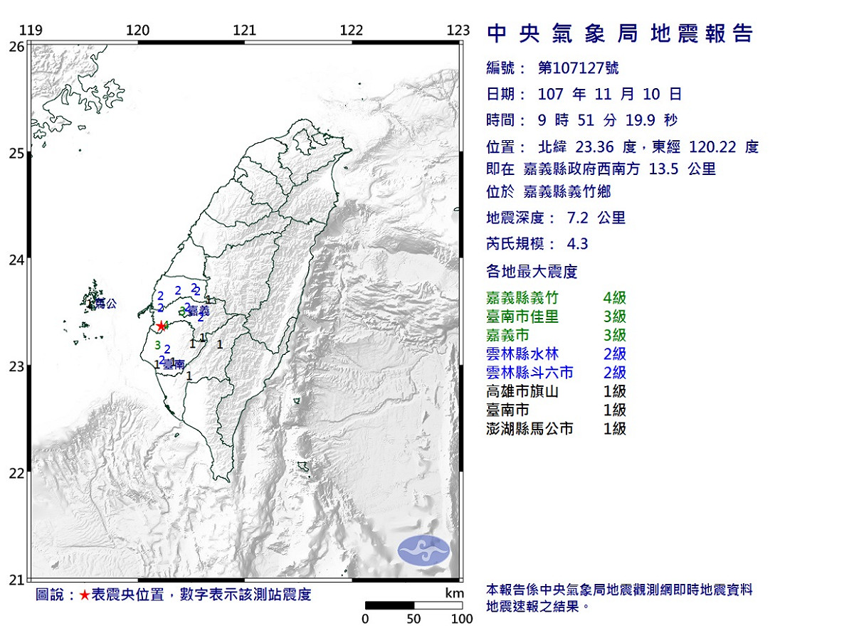 嘉義地區今天上午9時51分發生芮氏規模4.3有感地震，深度7.2公里。 圖 /氣象局