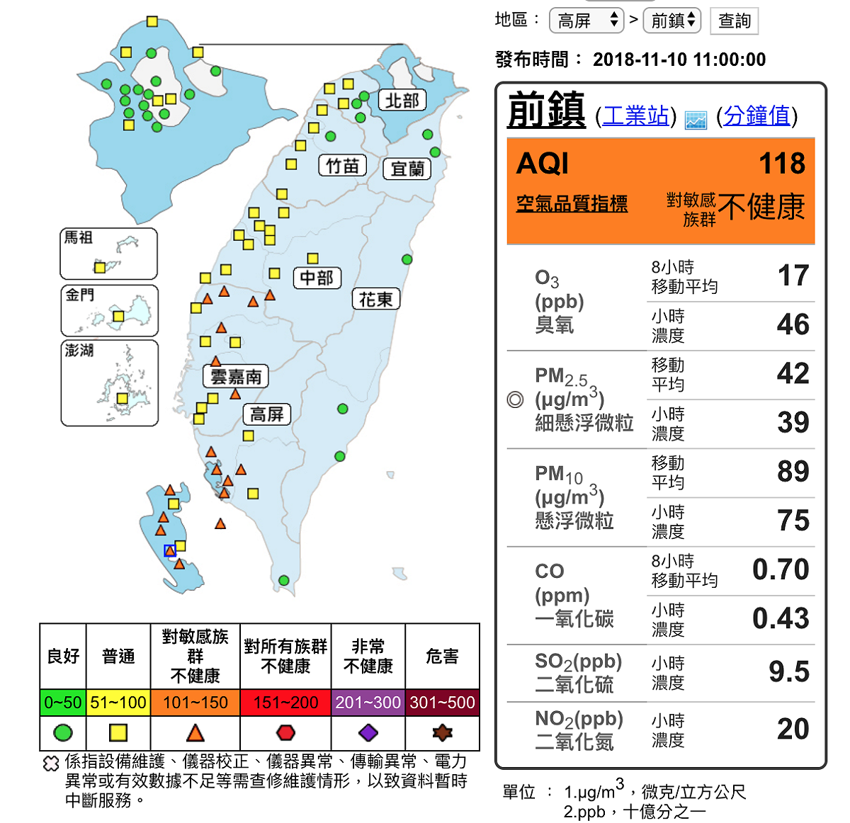環保署提醒民眾，必要外出時應配戴口罩。 圖：截自環保署空氣品質監測網