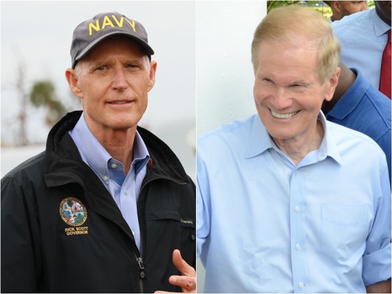 截至10日下午，美國佛州聯邦參議員選舉計票結果顯示，共和黨籍候選人史考特（左）僅領先民主黨籍候選人尼爾森約0.15%。 （左圖取自twitter.com/FLGovScott，右圖取自twitter.com/NelsonForSenate）