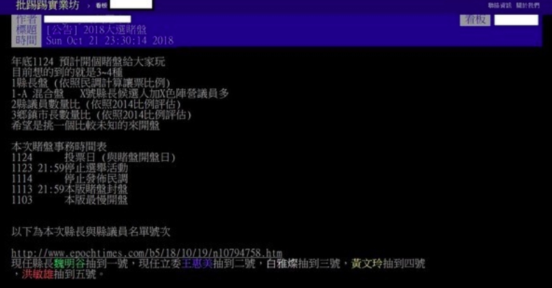 一名張姓男子在網站《批踢踢實業坊（PTT）》電子布告欄，開設彰化縣長及縣議員選舉賭盤。

 圖：翻攝PTT