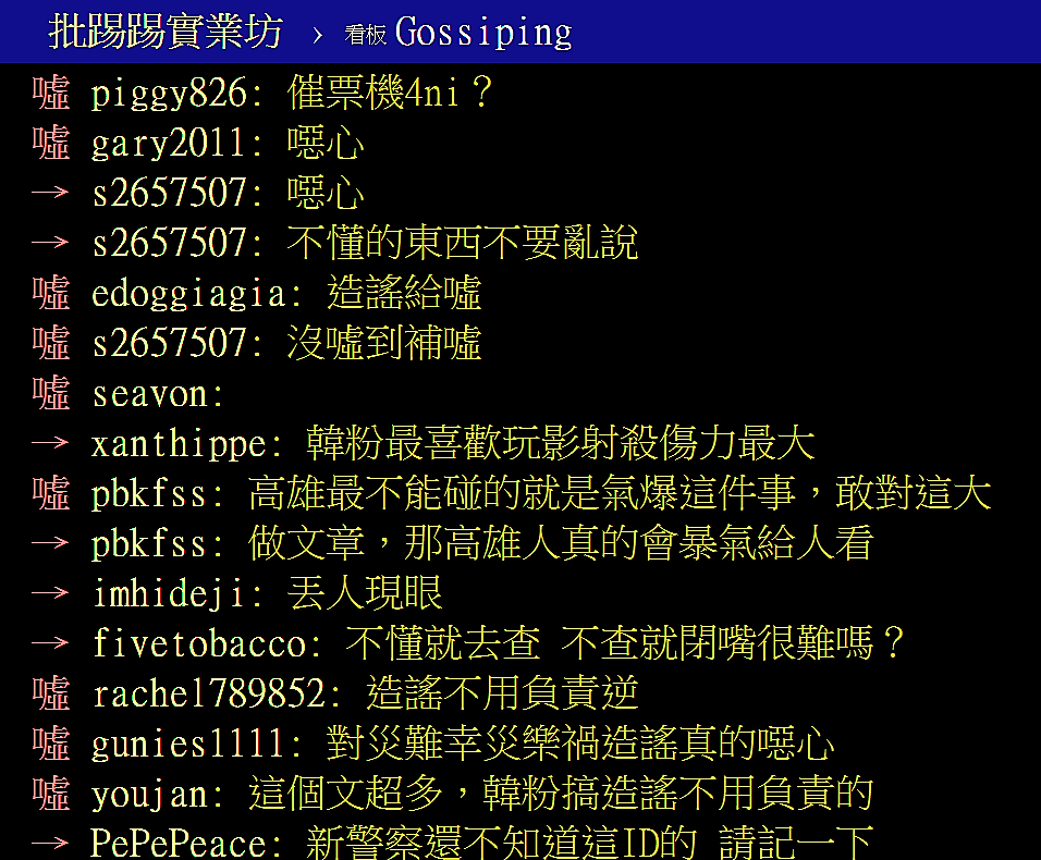 網友PTT開板羞辱力挺陳其邁的氣爆受難者余泰運「人格分裂」，遭到眾網友噓爆 PTT網頁