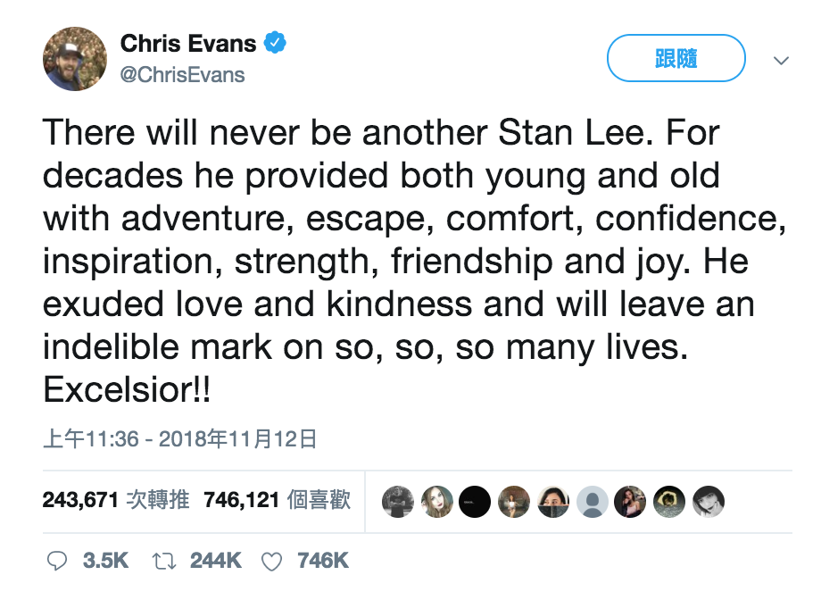 美國隊長克里斯艾文（Chris Evans）發文。 圖：截自Chris Evans推特