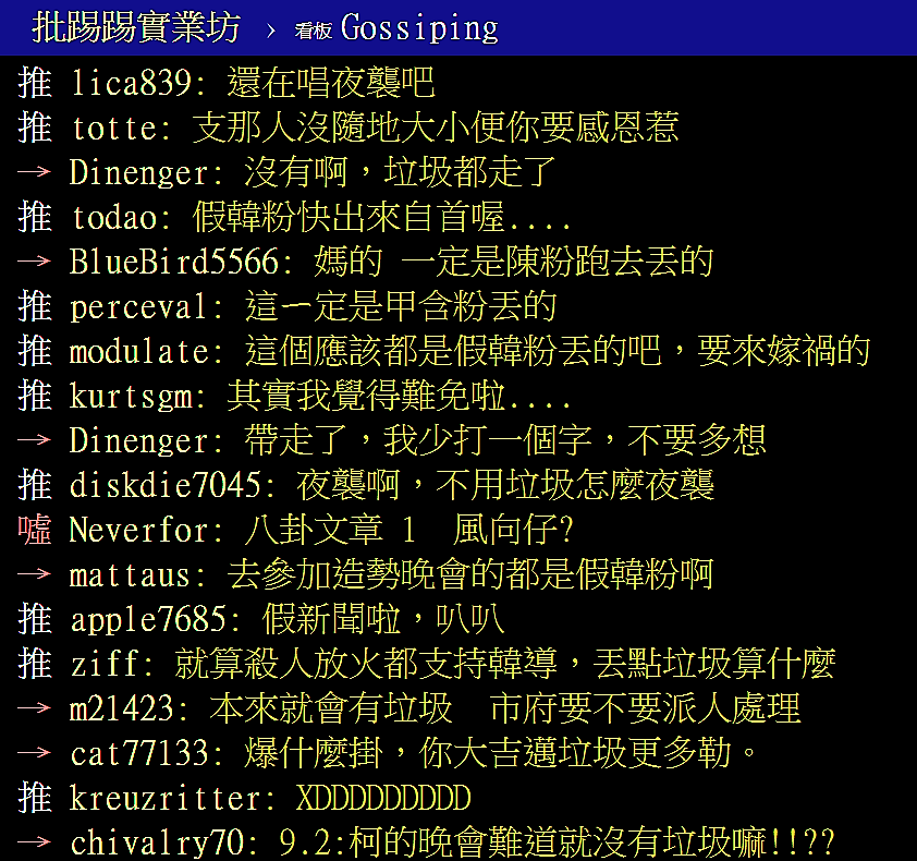 網友PTT開版「韓國瑜造勢晚會現場週邊留下大量垃圾」。網友留言大量出現假韓粉、甲含粉。 圖：翻攝PTT網頁
