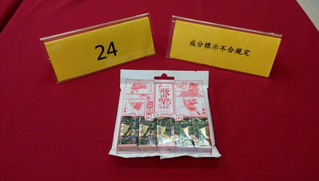 「飛壘口香糖5條裝」成分中被檢出含有微量抗氧化劑卻沒有標示，已違反《食品安全衛生管理法》規定。  圖：消基會／提供