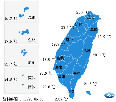 今（20）日氣溫方面，北部18至27度，中部19至30度，東部20至27度，南部20至30度，外島金馬澎湖17至26度。 圖：翻攝自中央氣象局網站