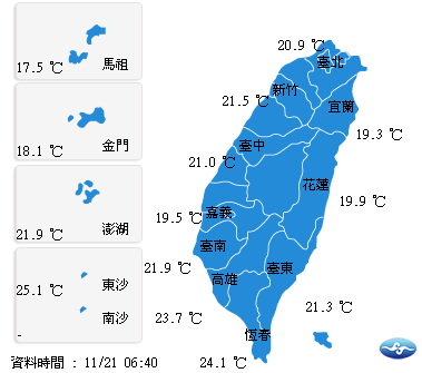 今（21）日各地氣溫方面，北部20至29度，中部21至30度，東部20至28度，南部21至31度，外島金馬澎湖17至27度。 圖：翻攝自中央氣象局網站