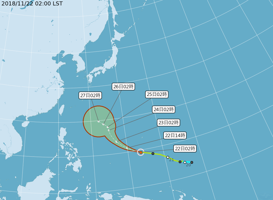 今（22）日凌晨2時， 輕度颱風萬宜中心位置位於北緯 9.40 度、東經 143.60 度，以每小時38公里速度，向西北西進行，近中心最大風速每秒 23 公尺，瞬間之最大陣風每秒 30 公尺，七級風半徑 100 公里。根據氣象局的預測，這個颱風直接侵台的機率大約只有1％至2％。 圖：翻攝自中央氣象局網站