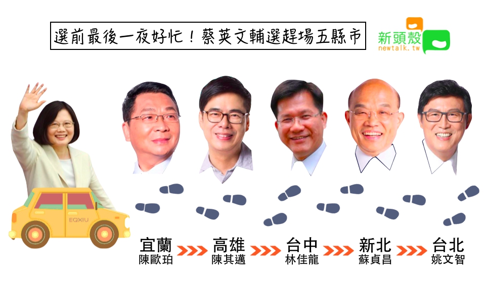 身兼民進黨主席的總統蔡英文今（２３）天將一次拚戰五縣市，先由宜蘭出發，最後再回到台北，為候選人站台。 圖：張嘉哲／製作