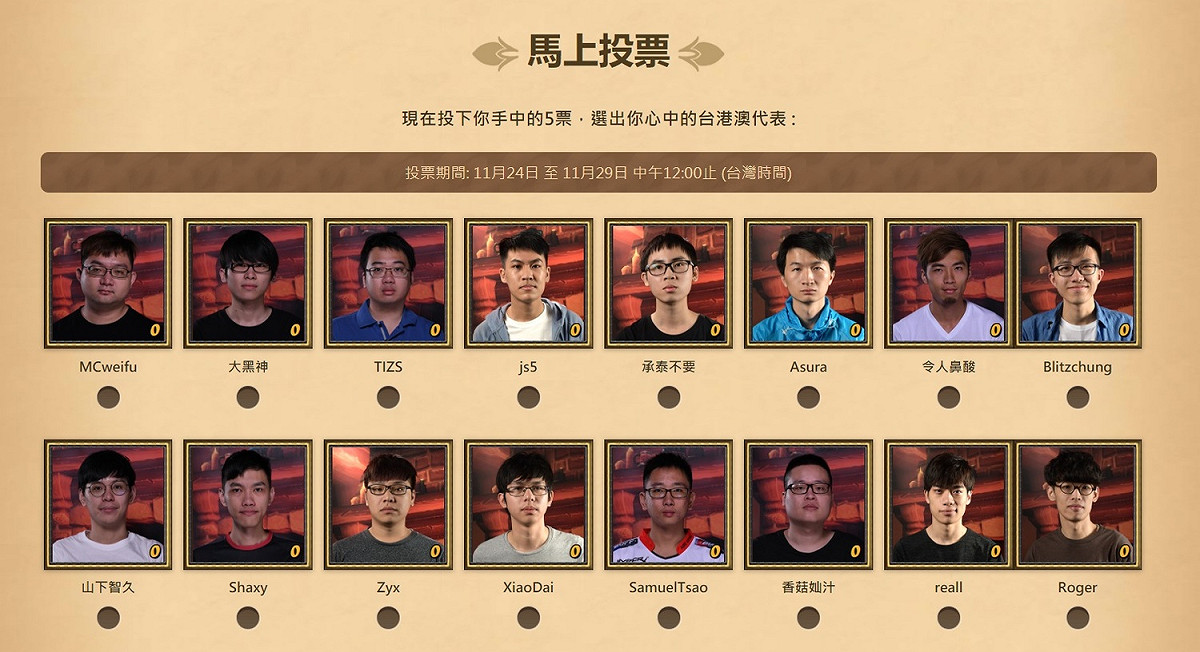 包括Roger、Shaxy、山下智久、承泰不要、威傅、SamualTsao、紹安等16位知名選手將由玩家決定誰能前進全明星賽。 圖：暴雪娛樂/提供