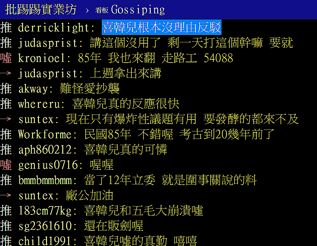 PTT爆卦：韓國瑜在立法院當主席缺席著作權會議。韓粉狂噓選舉奧步，但也有人認為這是事實，沒有理由反駁。 PTT網頁