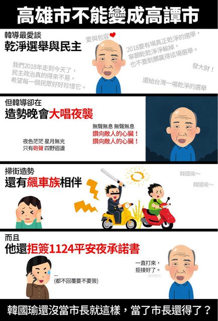 高雄市出現韓國瑜率飆車族拜票後，網路嘲諷製圖 取自網路