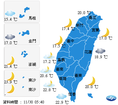 氣溫方面，北部16至27度，中部17至28度，東部18至26度，南部20至29度，外島金馬澎湖16至25度。 圖：翻攝自中央氣象局網站