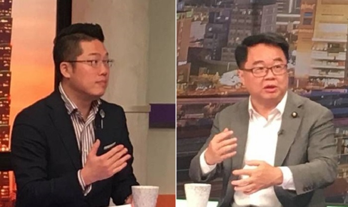 民進黨立委吳秉叡與柯文哲競選辦公室發言人林昆鋒在華視《Online鍾點讚》節目上談及明年立委補選綠白合作議題。 圖：翻攝華視官網