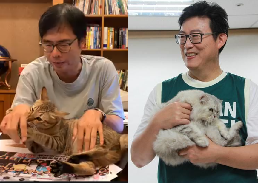 前立委陳其邁與前立委姚文智兩人都在鏡頭前抱貓，但網友反應卻有兩樣情。 圖：新頭殼 製作