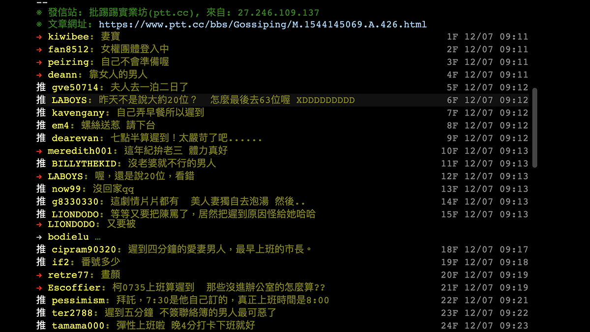 對於柯P上班遲到，許多網友紛紛在網路留言。 圖：翻攝自網路PTT
