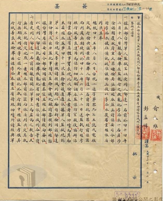 軍事犯申報減刑審核情形。 圖：檔案管理局典藏國防部軍法局檔案/促轉會提供
