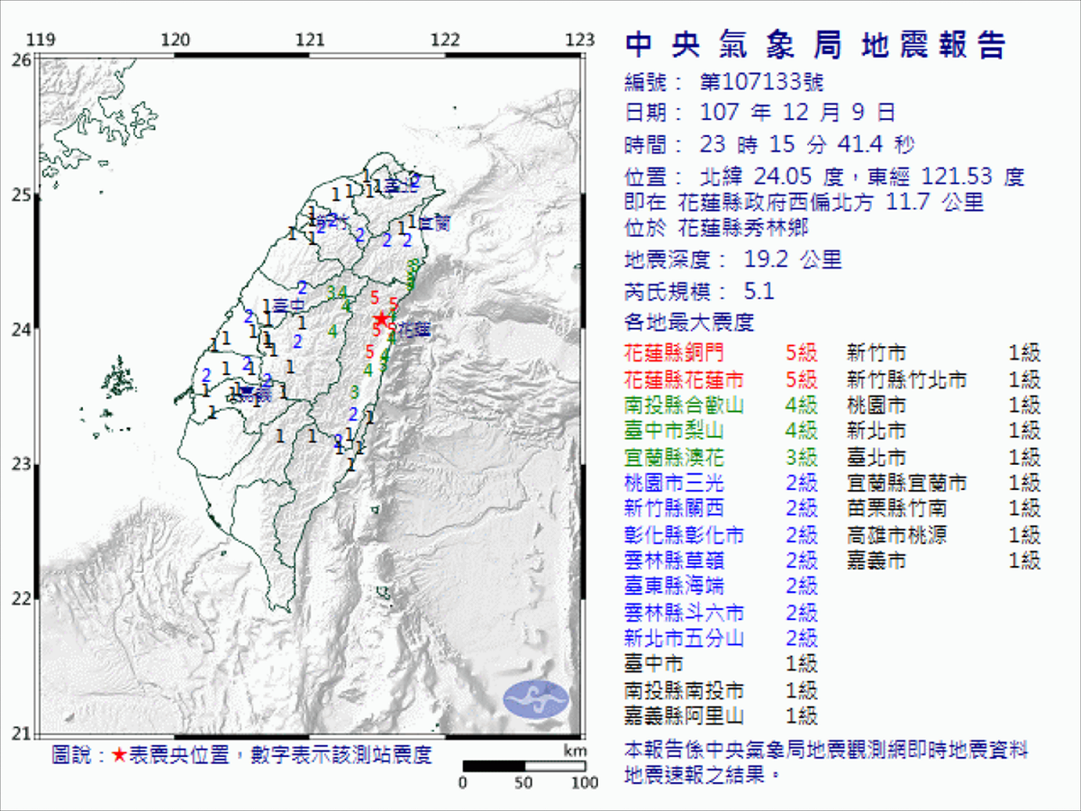 各地最大震度：花蓮5級，南投、台中4級，宜蘭3級，桃園、新竹、彰化、雲林、台東、台北2級，嘉義、苗栗、高雄1級。 圖：翻攝自中央氣象局網站