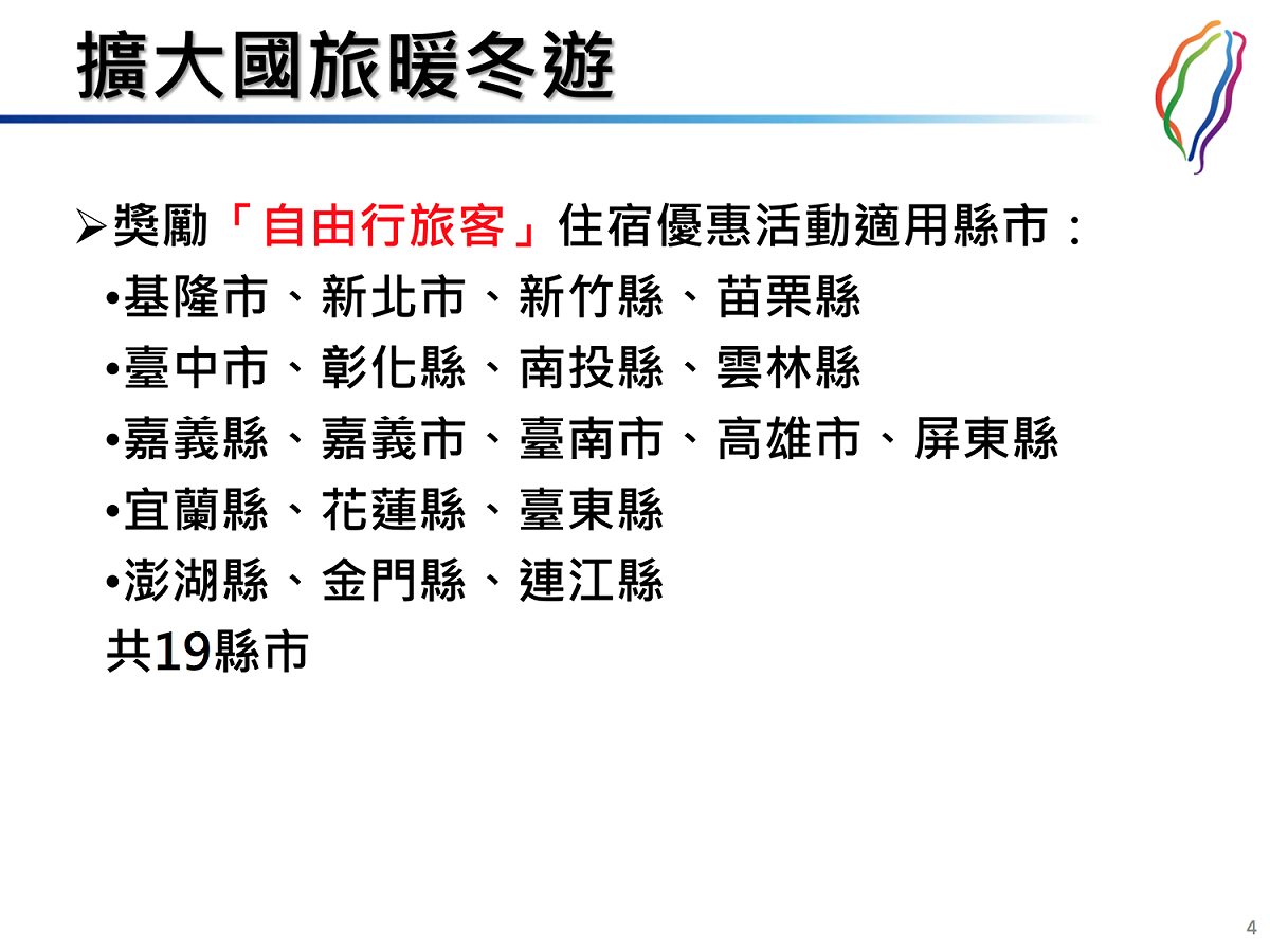 交通部觀光局明年1月實行的「擴大國旅暖冬遊方案」內容。 圖：交通部觀光局／提供
