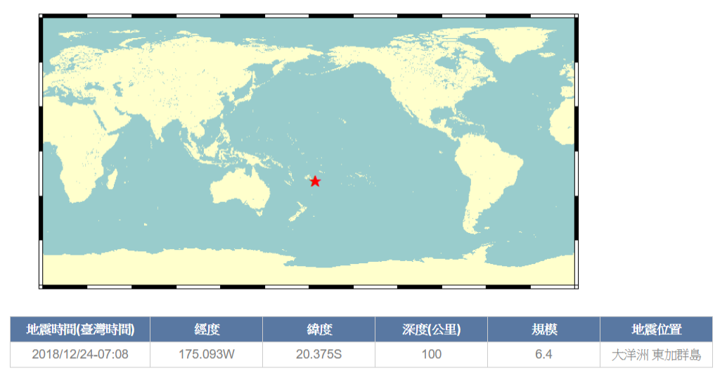東加群島於台灣時間今天(24日)早上7時08分發生規模6.4強震。 圖：翻攝中央氣象局網站