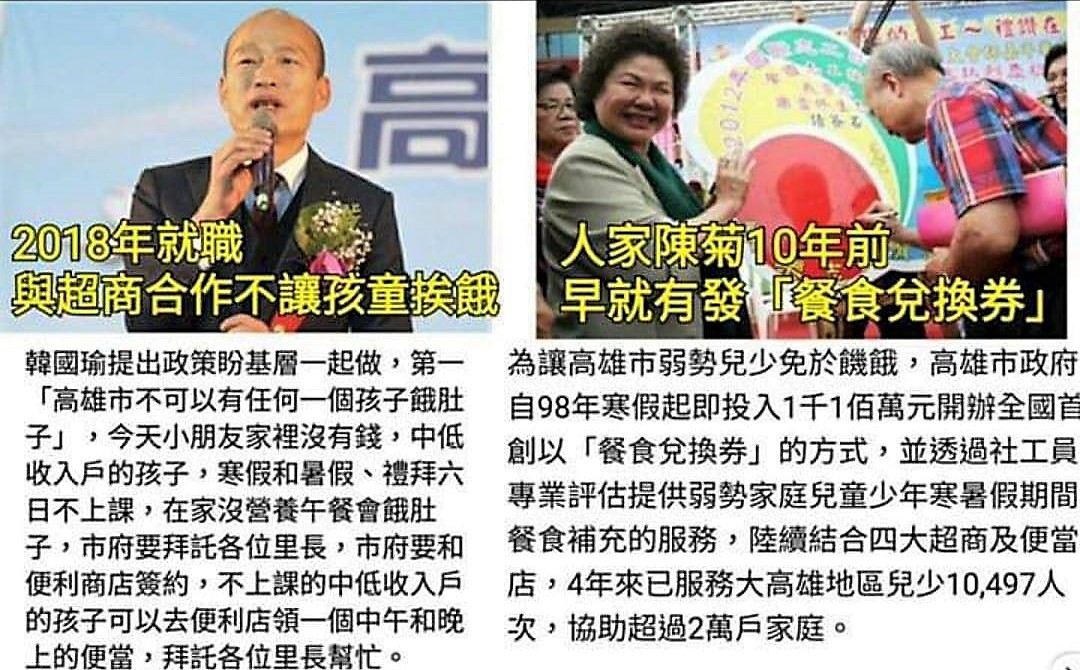 高雄市長韓國瑜說「將與」超商簽約，解決中低收入戶學童在寒暑假與假日可能挨餓的問題，遭高雄網友指稱這項政策早已實施10年。 臉書「Wecare高雄」