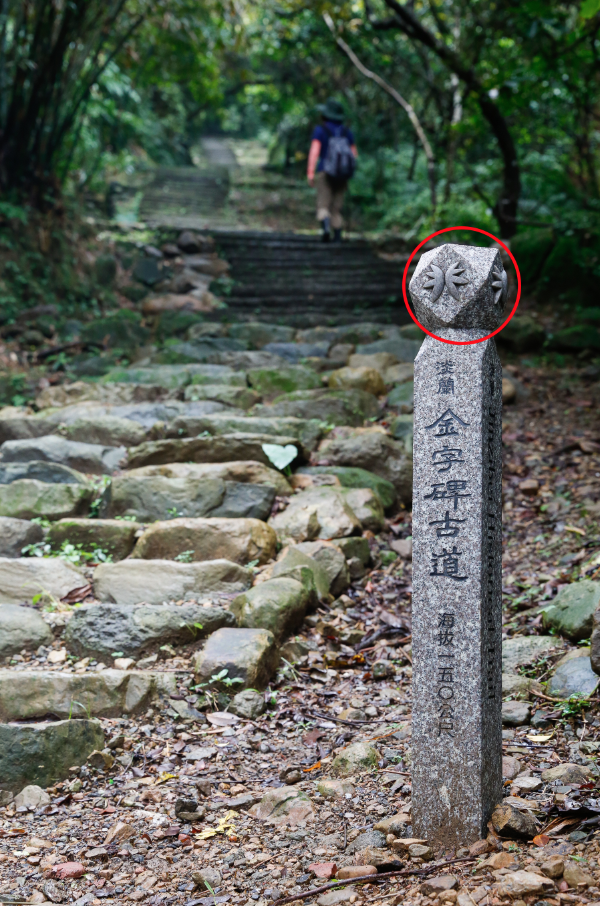 經過修築後的淡蘭北路，在古道路口處皆可看見，以「雙扇蕨」作為標誌的石碑及指示牌。（紅色圈起處為淡蘭古道標誌） 圖：新北市政府／提供