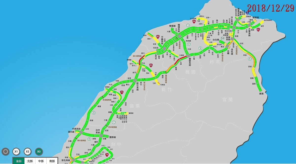高公局預測6大塞車地雷路段，包括南下國1楊梅到新竹系統、彰化系統到埔鹽系統，國3三鶯到關西、茄苳到西濱、烏日到霧峰，國5南港系統到坪林等6路段較塞，其中國1楊梅到新竹、國5南港到坪林，行車時間將是平常的5倍。 圖/高公局即時路況