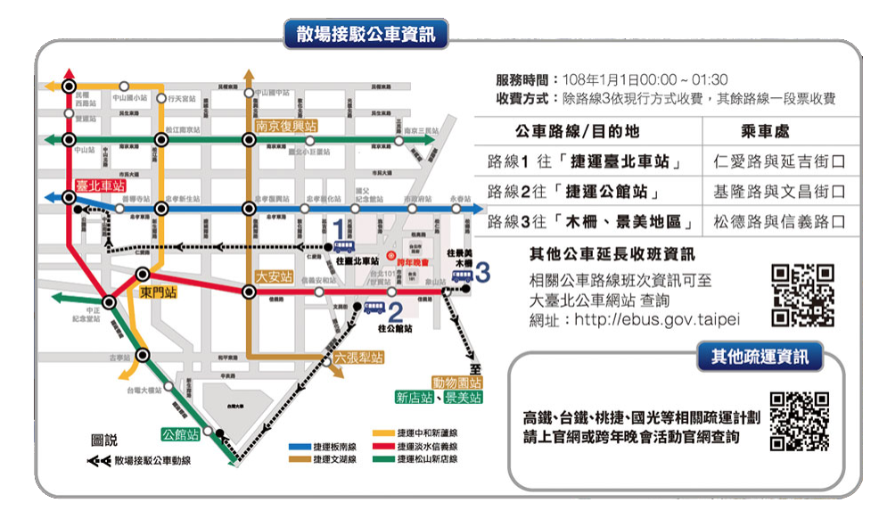 台北101跨年晚會散場接駁公車資訊。 圖：截自台北市跨年晚會官方網站