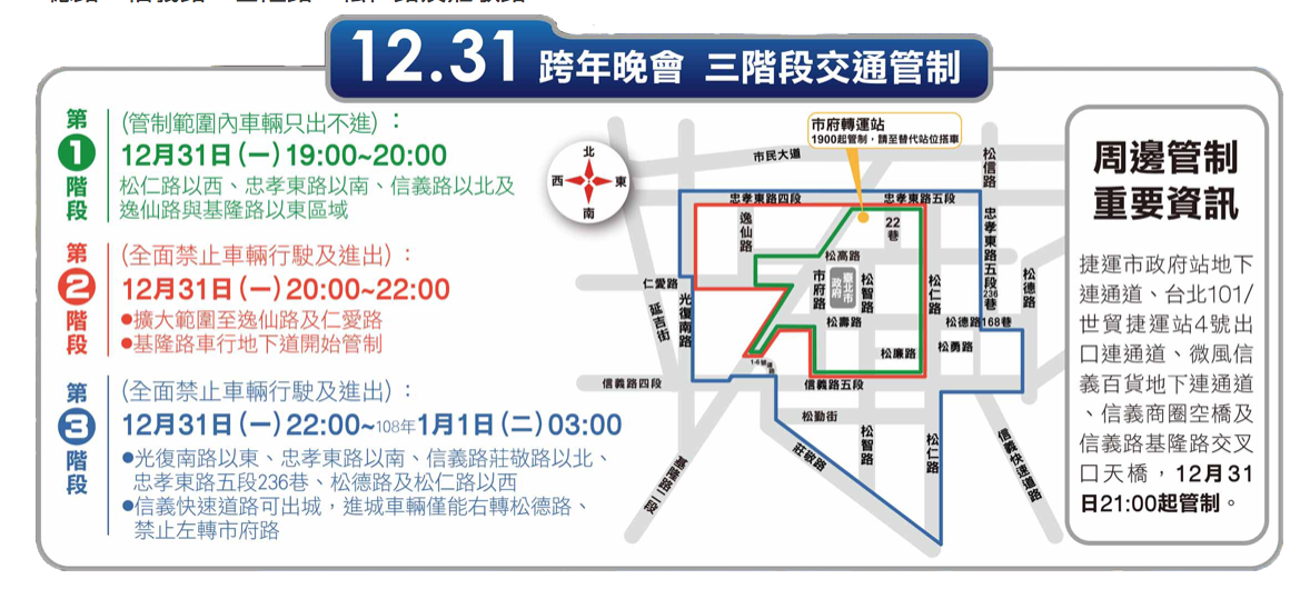 台北101跨年晚會三階段交通管制。 圖：截自台北市跨年晚會官方網站