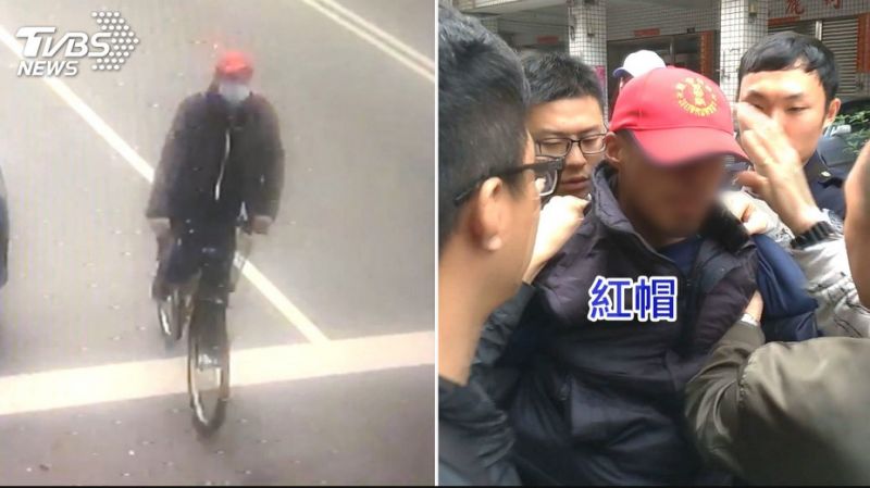 搶匪(左)和被誤逮的男子(右)皆頭戴紅帽。 圖：翻攝TVBS畫面