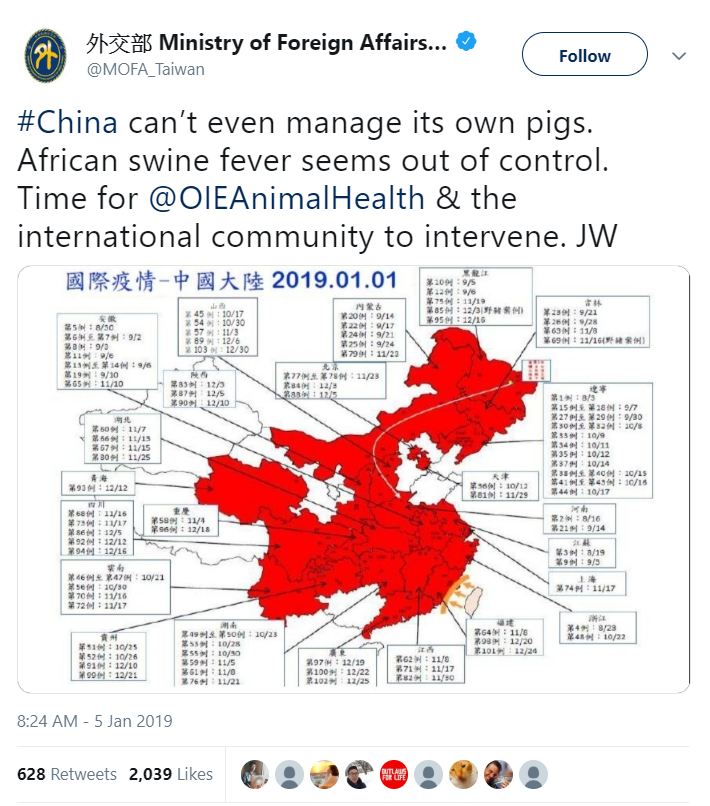 外交部在推特發文嗆：「中國連自己的豬都管不好」。 圖：翻攝推特