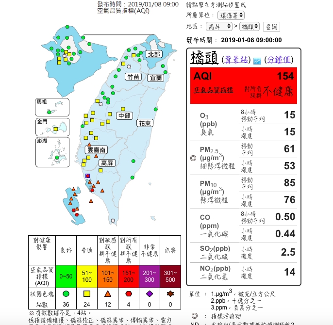 今天高雄多個測站達到紅害等級。 圖：翻攝環保署官網
