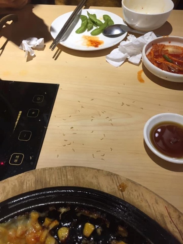 有民眾12日前往韓式年糕火鍋店「韓虎嘯」統一時代門市用餐時，發現有活蛆在桌上亂竄。 圖：翻攝爆料公社