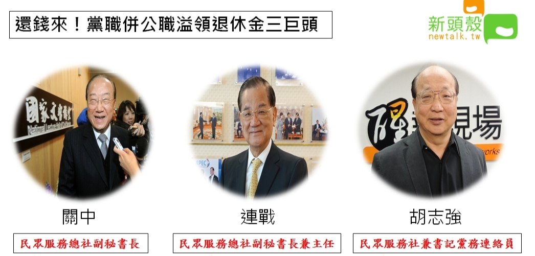 溢領退休金最多的前三名分別為關中、連戰、胡志強。 圖：張嘉哲製作（資料照片）