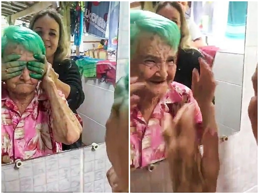 巴西奶奶染綠髮後對著鏡子開心尖叫。 圖 / 翻攝自每日郵報