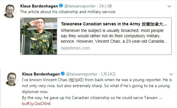 在台灣的德國記者Klaus Bardenhagen，也連續在推特發文，大讚口譯哥不只人很好，而且非常sharp（敏銳）。 圖：翻攝Klaus Bardenhagen推特/新頭殼合成