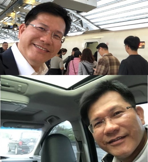 新任交通部長林佳龍為兌現先前台中市長敗選後不離開台中的承諾，就任後搭高鐵、開車通勤上班，以身作則。 圖：翻攝自林佳龍臉書／合成圖