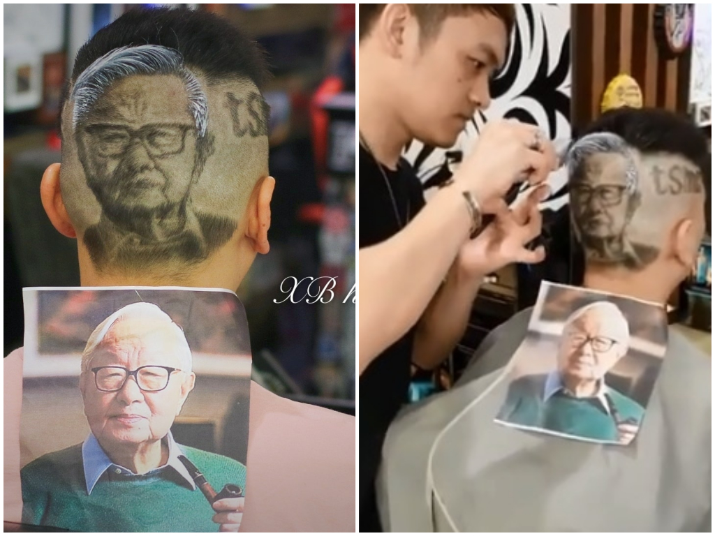 台積電員工刻「張忠謀」在頭上參加尾牙。 圖 / XB Hair Allen 授權使用