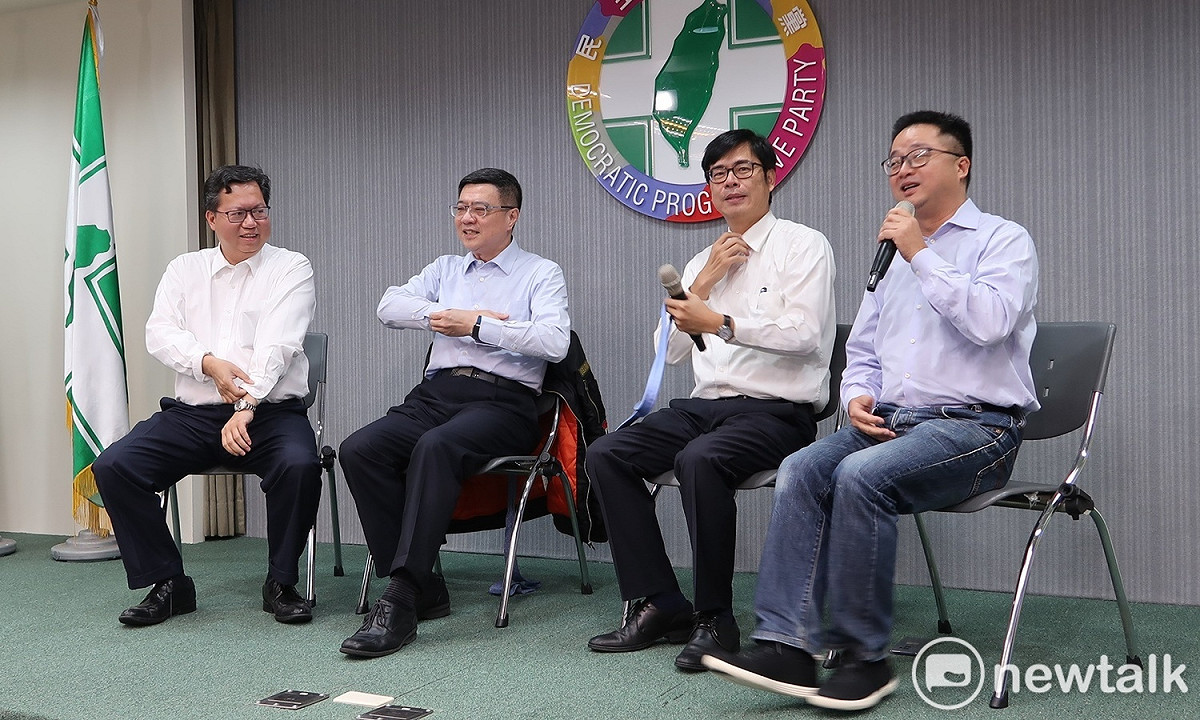 桃園市長鄭文燦、民進黨主席卓榮泰、行政院副院長陳其邁及黨秘書長羅文嘉16日與媒體會晤。 圖：林朝億/攝