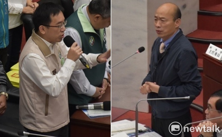 高雄市長韓國瑜今（１７）早首度進議會接受備詢，前總統陳水扁之子陳致中質詢時要求就九二共識內涵提出論述。 圖：孫家銘／攝 (新頭殼合成)