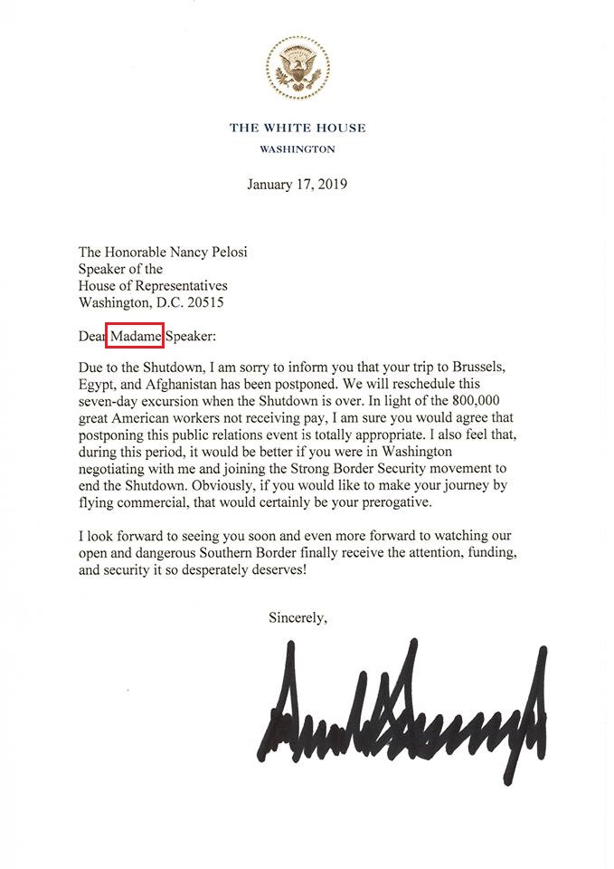 美國白宮臨時發函取消裴洛西率團出訪計畫，一開頭的「Dear Madame Speaker」（紅線處）還拼錯字。 圖：翻攝美國白宮