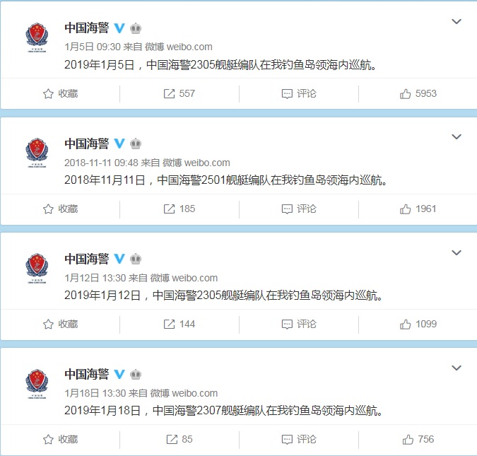 中國海警微博證實2019年第1個月不到20天已3次「編隊巡航」釣魚島海域。 圖：翻攝中國海警微博