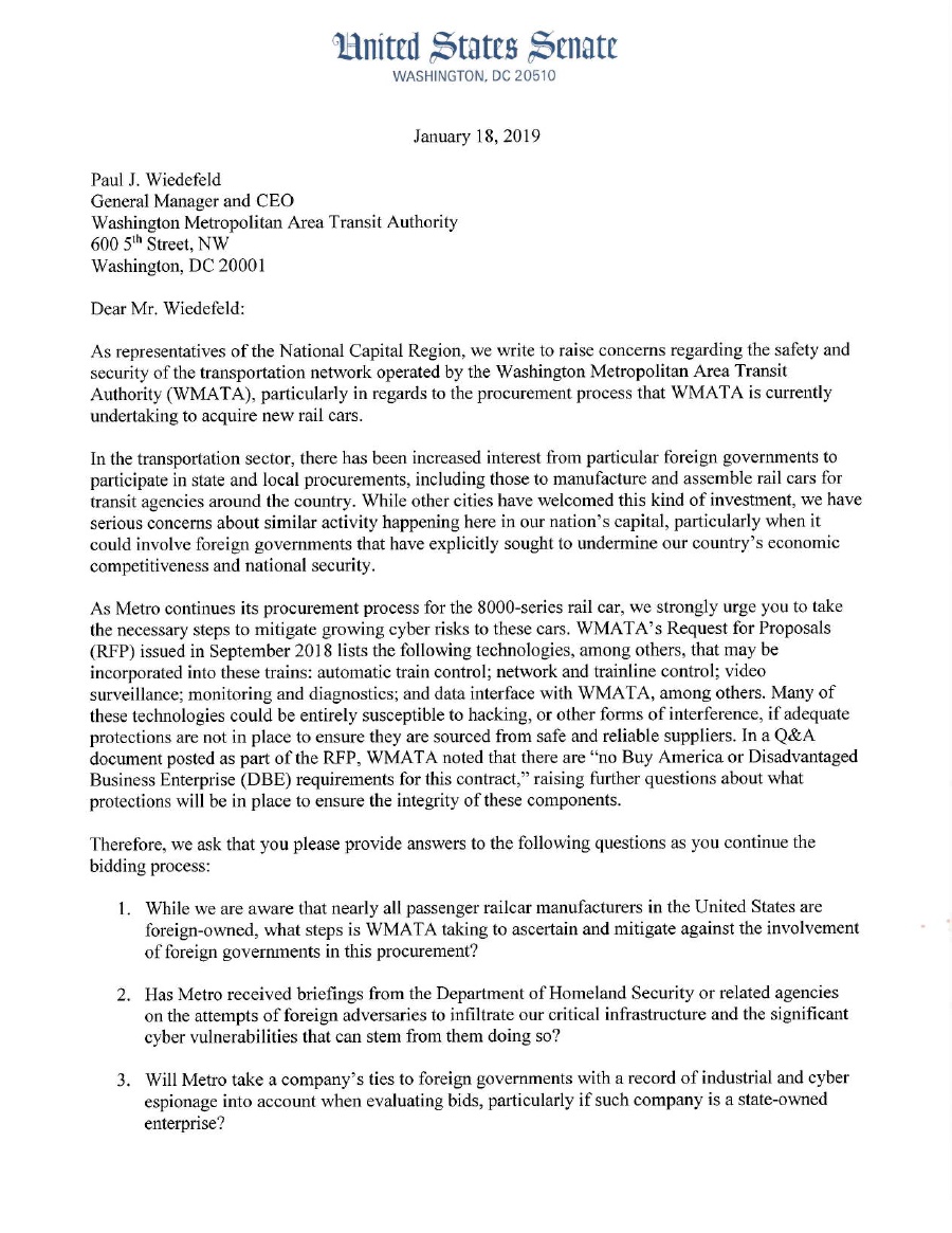 美國4名參議員聯名寫信給華盛頓地鐵總經理威德菲爾德，對於中國可能得標表達了對國家安全的憂心。 圖：翻攝《wtop》